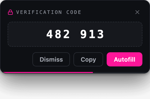 The in-page verification code banner showing the code with Dismiss, Copy and Autofill actions.