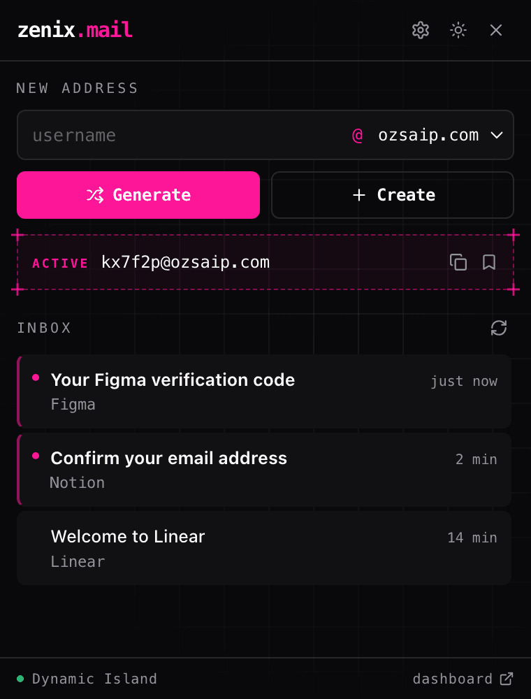 The Zenix TempMail popup: address bar, Generate and Create, the active address, and an inbox with three messages.