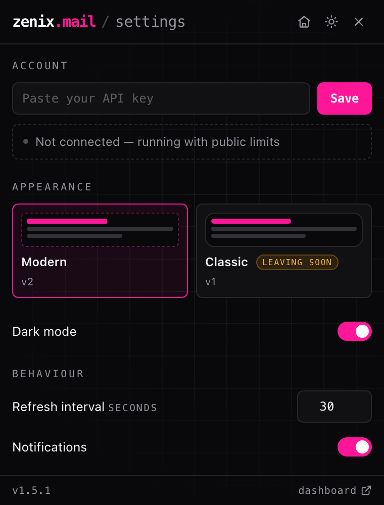 The extension settings page: API key connected, the Modern and Classic design picker, and behaviour toggles.